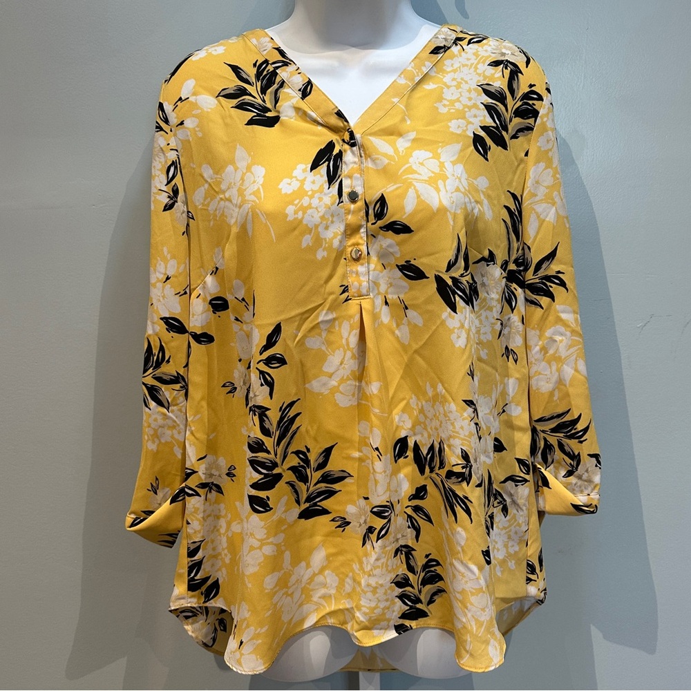 JM Collection Yellow Black Floral Blouse Medium